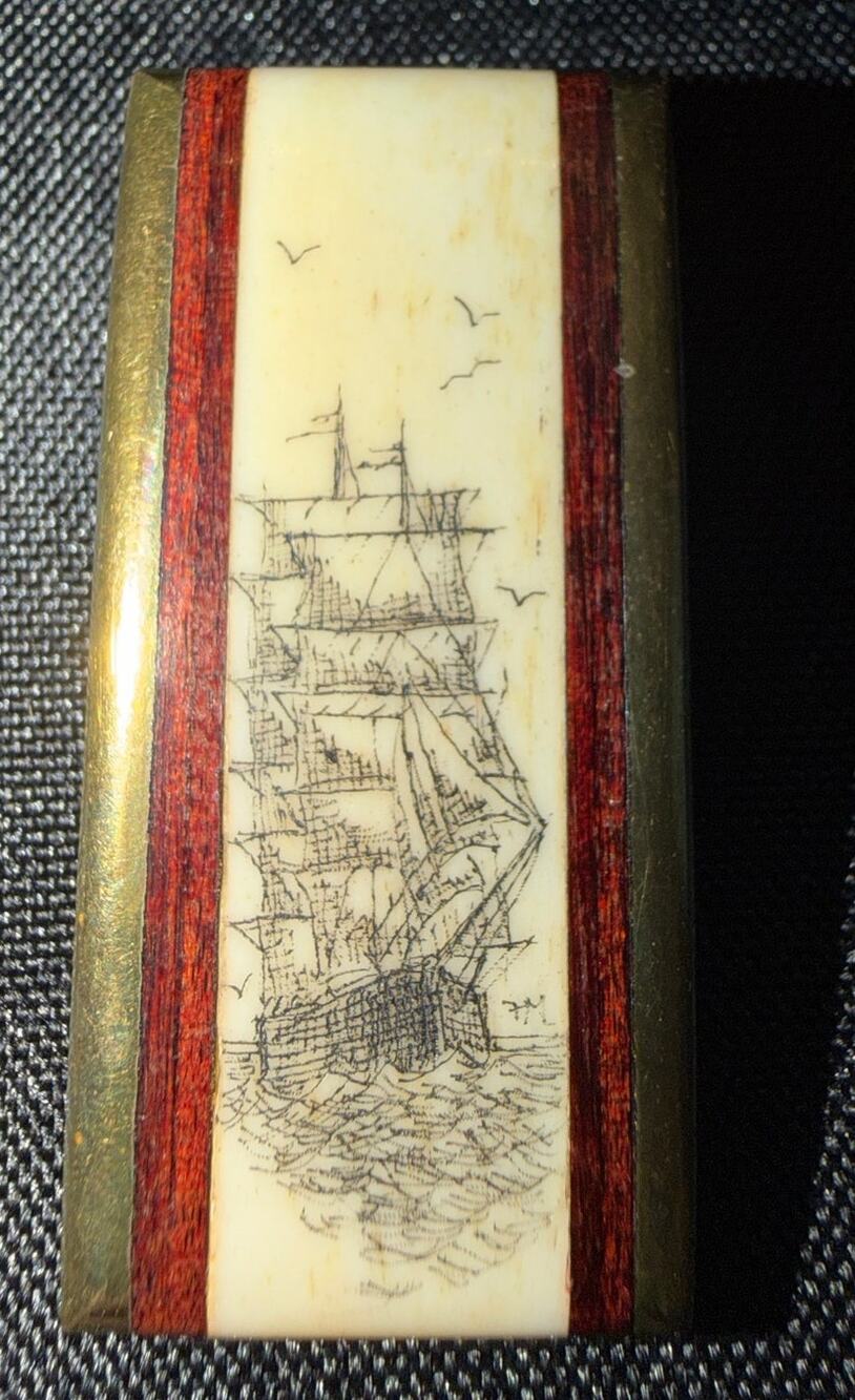 Vintage 70s Hand-Etched Scrimshaw Bone & Purpleheart Wood Inlay Brass Money Clip